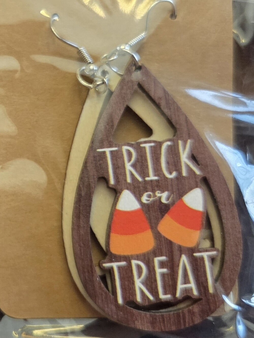 Wooden Teardrop Trick or Treat Earrings in Brown and Orange
